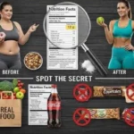 An educational infographic about hidden sugars in food featuring a before and after weight loss.