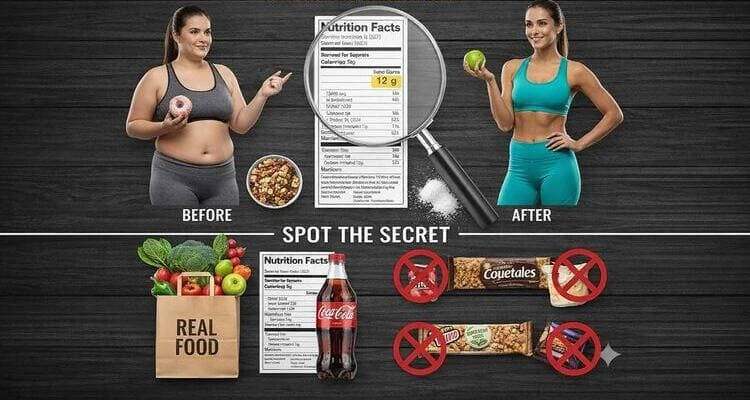 An educational infographic about hidden sugars in food featuring a before and after weight loss.