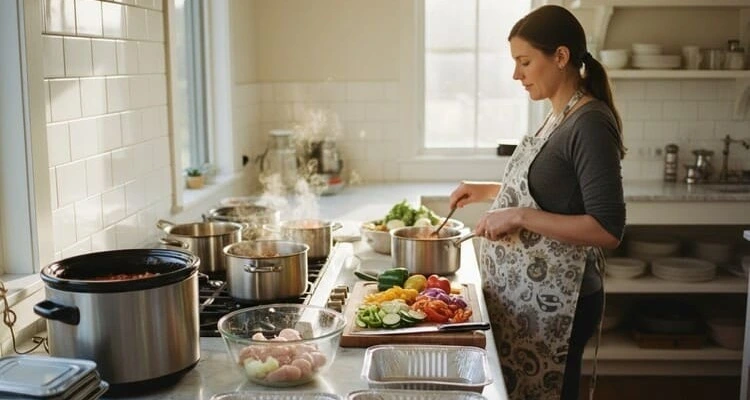Batch cooking before baby arrives showing pregnant woman preparing multiple freezer meals in one day for c-section recovery