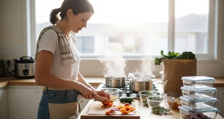 Woman batch cooking PCOS meal prep recipes for beginners preparing insulin resistance friendly anti inflammatory meals