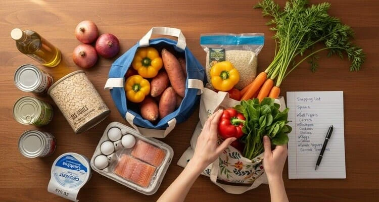 Budget friendly PCOS grocery shopping list with affordable anti inflammatory ingredients for meal prep recipes beginners