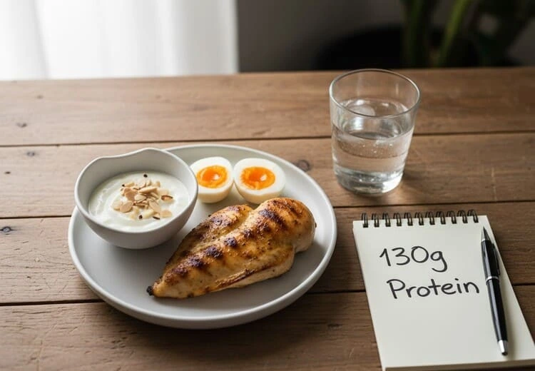 A high-protein meal featuring grilled chicken, eggs, and Greek yogurt to support muscle growth without fat gain.
