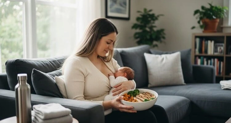 New mom eating protein rich freezer meals while breastfeeding newborn for lactation support and postpartum recovery