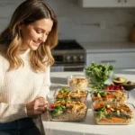 Woman preparing PCOS meal prep recipes for beginners with insulin resistance friendly foods in glass containers