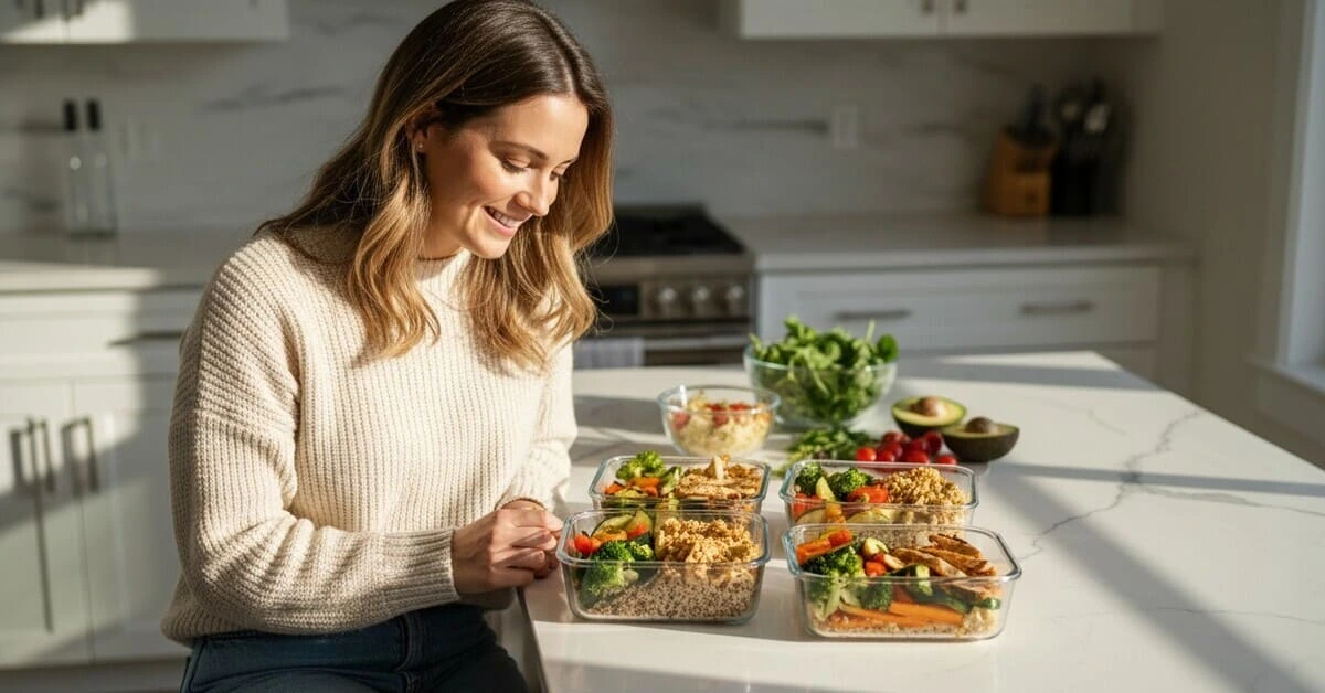Woman preparing PCOS meal prep recipes for beginners with insulin resistance friendly foods in glass containers