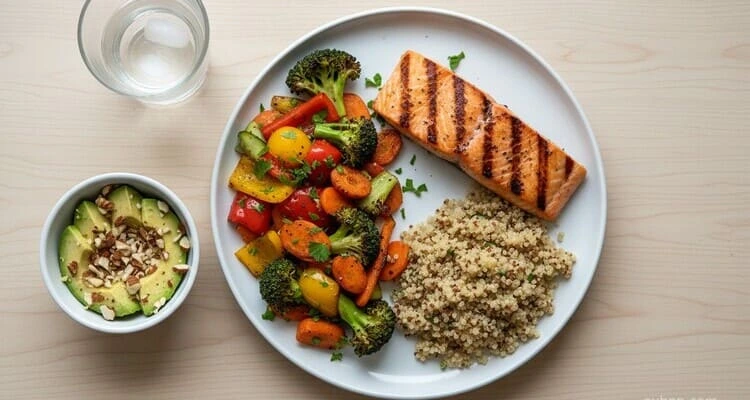 PCOS plate formula showing protein fiber healthy fat balance for insulin resistance meal prep anti inflammatory diet