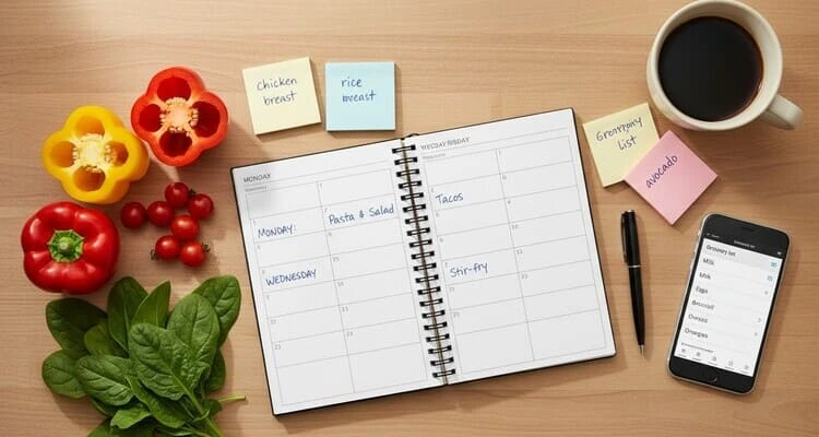 Postpartum meal prep planning guide with weekly schedule and batch cooking timeline for third trimester