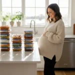 Pregnant woman preparing freezer meals for postpartum recovery in third trimester with meal prep containers