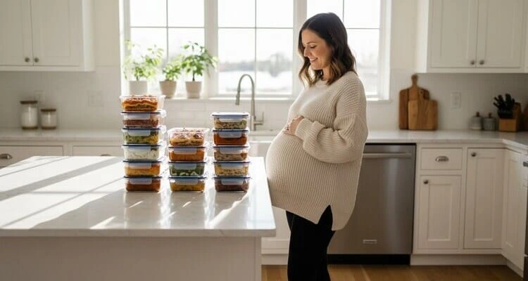 Pregnant woman preparing freezer meals for postpartum recovery in third trimester with meal prep containers