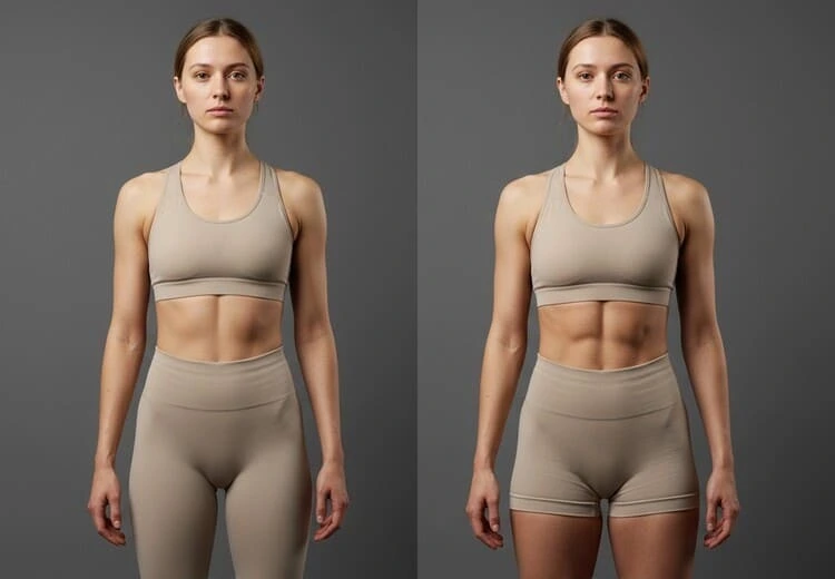 Before and after comparison showing how to gain weight without gaining fat through recomposition.