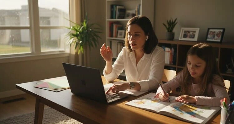 Working mother showing work life integration managing video call and childcare simultaneously during remote work