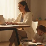 Working mother balancing career and family at home office showing work life balance tips for working mothers