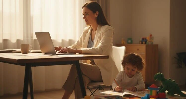 Working mother balancing career and family at home office showing work life balance tips for working mothers